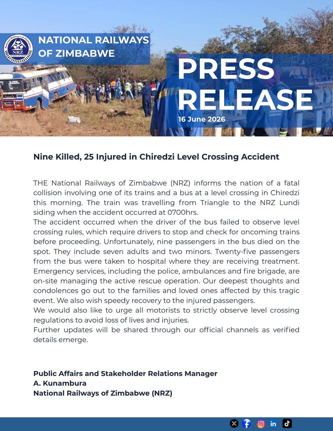 NRZ Press Statement on Train Incident